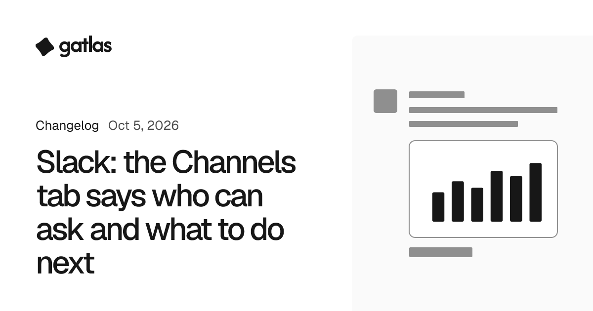 Slack: the Channels tab says who can ask and what to do next. Gatlas changelog, Oct 5, 2026.
