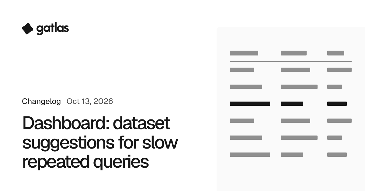 Dashboard: dataset suggestions for slow repeated queries. Gatlas changelog, Oct 13, 2026.