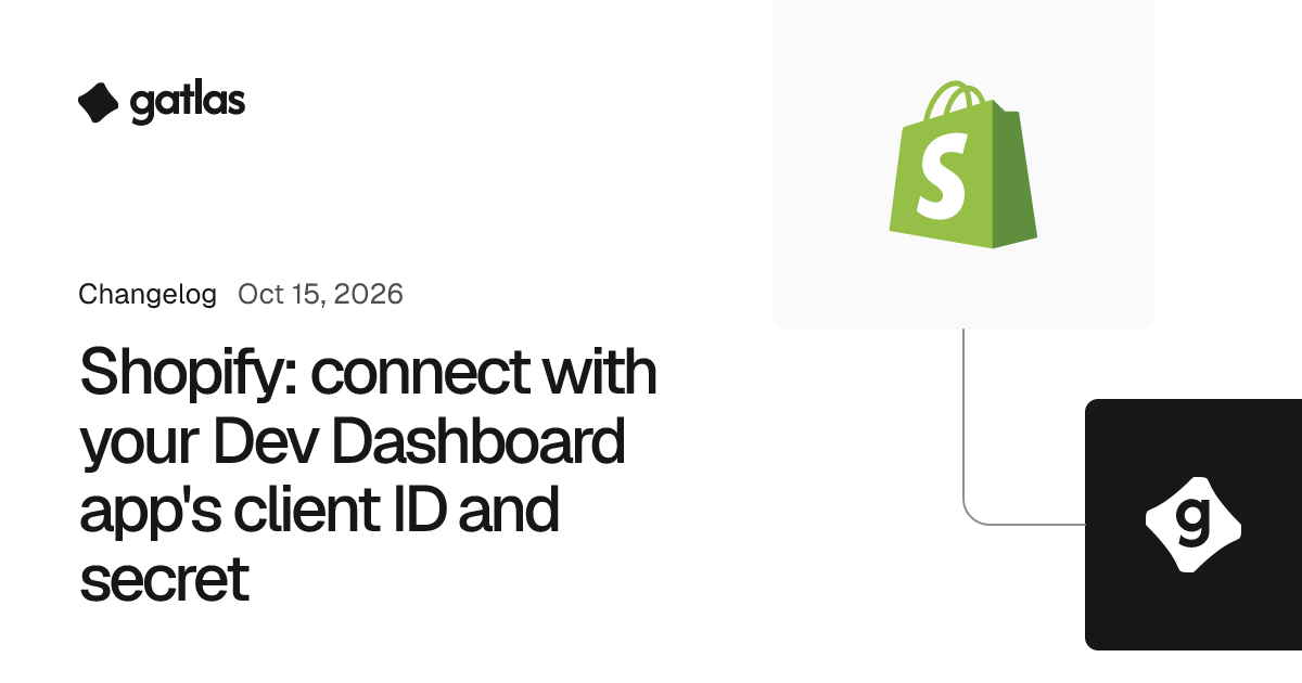 Shopify: connect with your Dev Dashboard app's client ID and secret. Gatlas changelog, Oct 15, 2026. The Shopify logo.