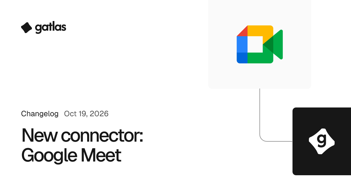 New connector: Google Meet. Gatlas changelog, Oct 19, 2026. The Google Meet logo.